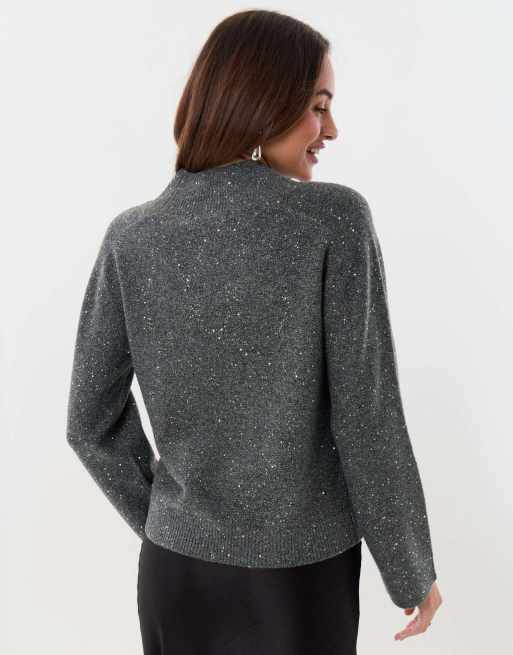 Threadbare Sequin v neck knitted jumper in charcoal grey, 2 of 4