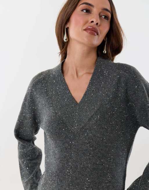 Threadbare Sequin v neck knitted jumper in charcoal grey, 3 of 4
