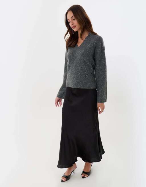 Threadbare Sequin v neck knitted jumper in charcoal grey, 4 of 4
