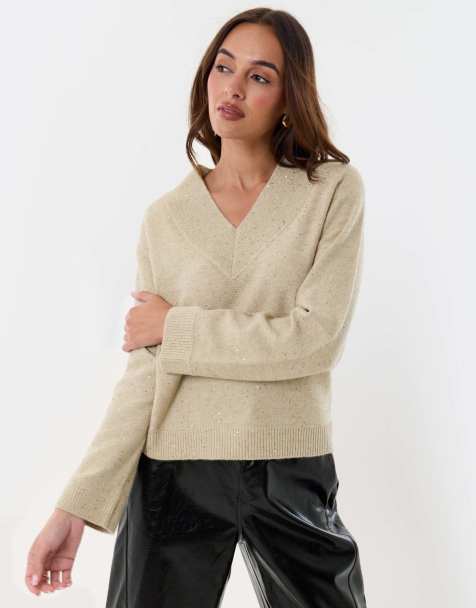 Threadbare Sequin v neck knitted jumper in ecru - view 1