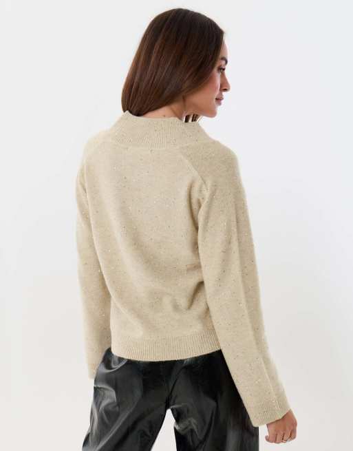 Threadbare Sequin v neck knitted jumper in ecru, 2 of 5