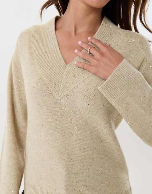 Threadbare Sequin v neck knitted jumper in ecru, 3 of 5
