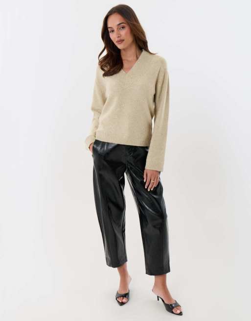 Threadbare Sequin v neck knitted jumper in ecru, 4 of 5