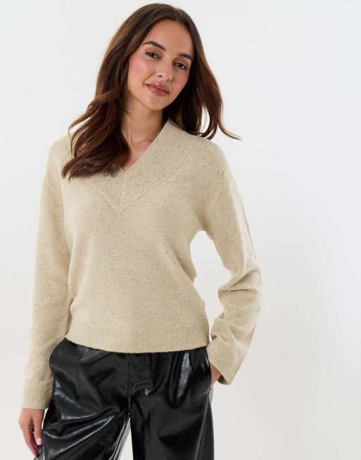 Threadbare Sequin v neck knitted jumper in ecru, 5 of 5