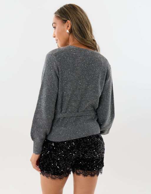 Threadbare Sequin v-neck wrap cardigan in charcoal grey, 2 of 4