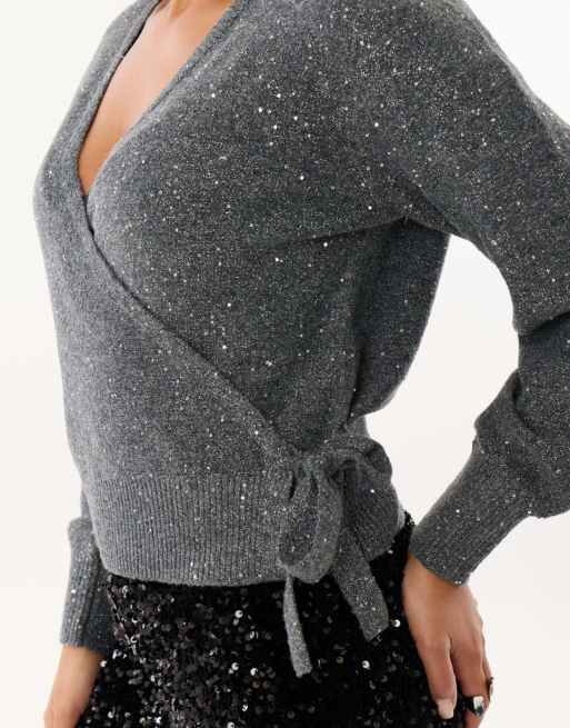 Threadbare Sequin v-neck wrap cardigan in charcoal grey, 4 of 4