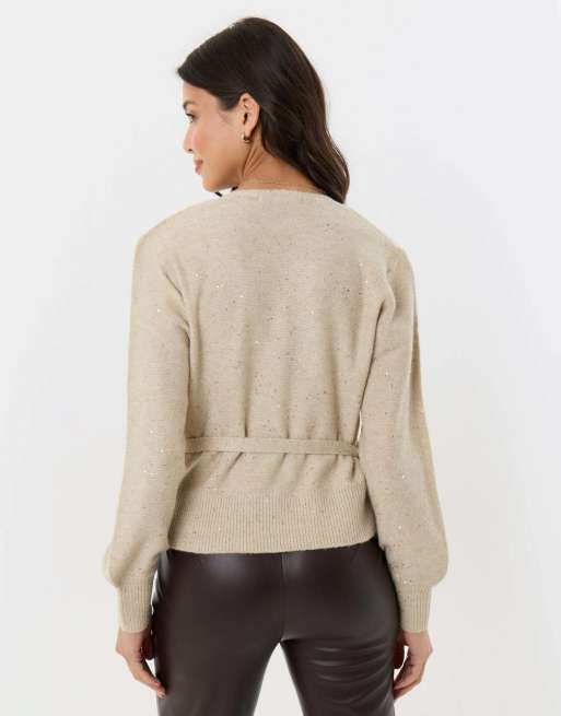 Threadbare Sequin v-neck wrap cardigan in ecru, 2 of 4