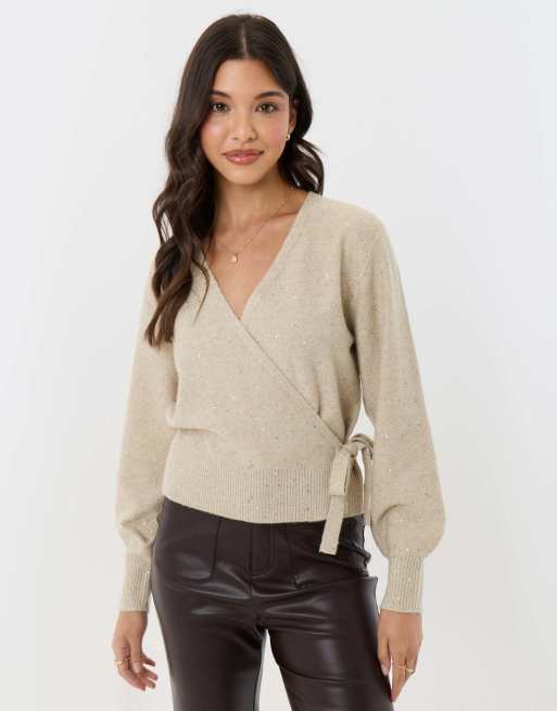Threadbare Sequin v-neck wrap cardigan in ecru, 3 of 4