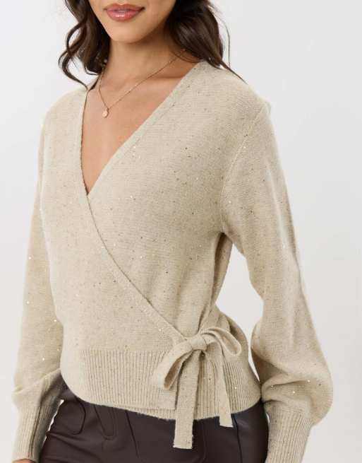 Threadbare Sequin v-neck wrap cardigan in ecru, 4 of 4