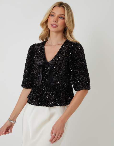 Threadbare Sequin velour bow detail blouse in black - view 1