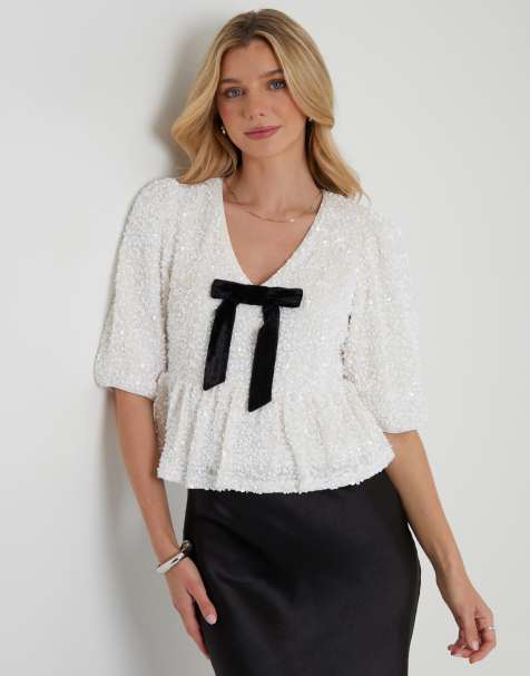 Threadbare Sequin velour bow detail blouse in white
