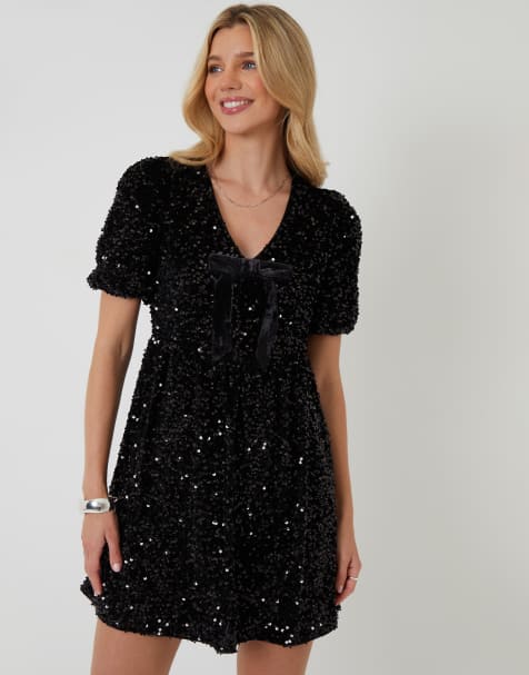Threadbare Sequin velour bow detail mini dress in black