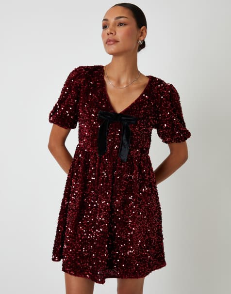 Threadbare Sequin velour bow detail mini dress in burgundy - view 1