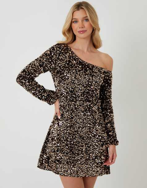 Threadbare Sequin velour slash neck mini dress in black