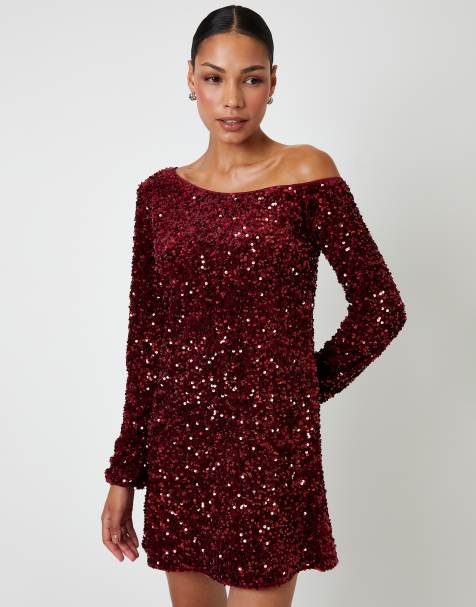 Threadbare Sequin velour slash neck mini dress in burgundy