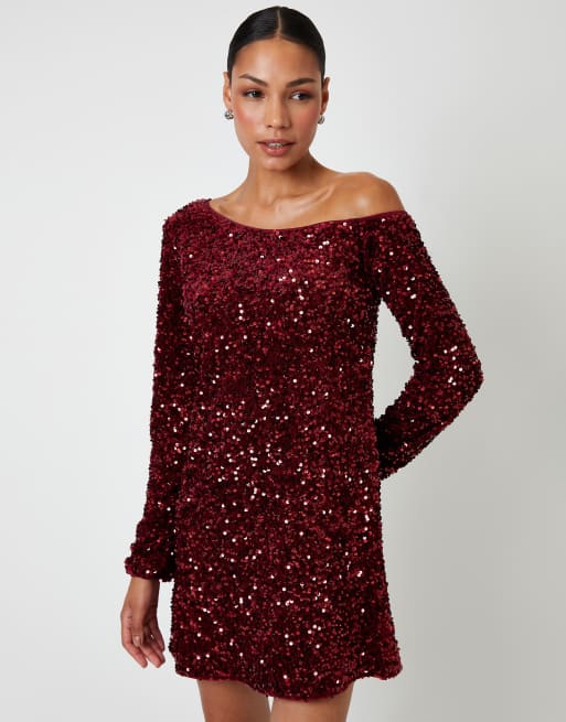 Threadbare Sequin velour slash neck mini dress in burgundy