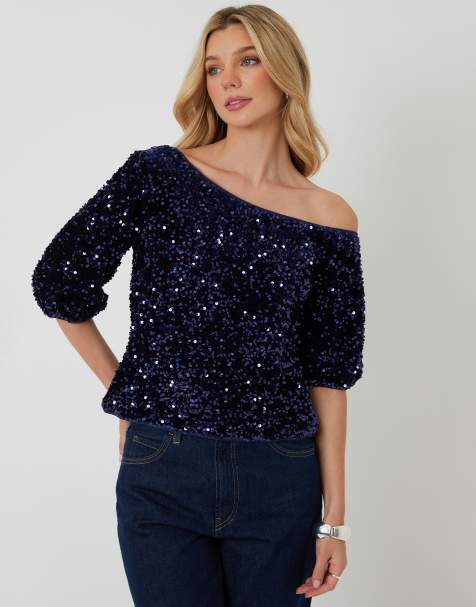 Threadbare Sequin velour slash neck top in navy - view 1