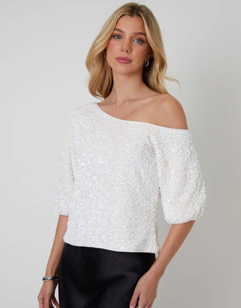 Threadbare Sequin velour slash neck top in white