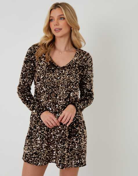 Threadbare Sequin velour v neck mini dress in black - view 1