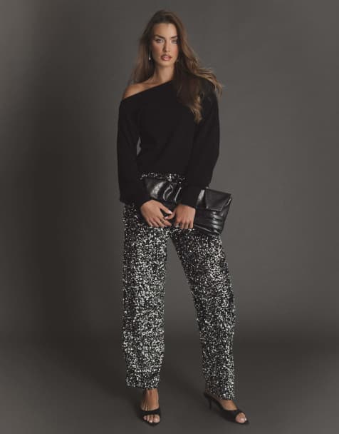 Threadbare Sequin wide leg trousers in charcoal grey - view 1