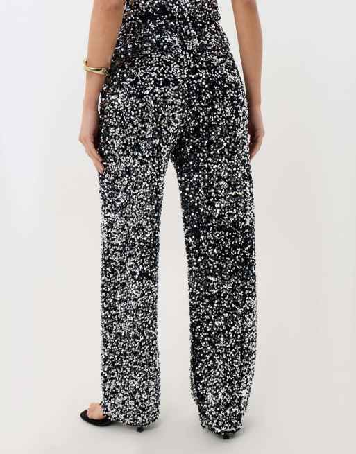 Threadbare Sequin wide leg trousers in charcoal grey, 4 of 5