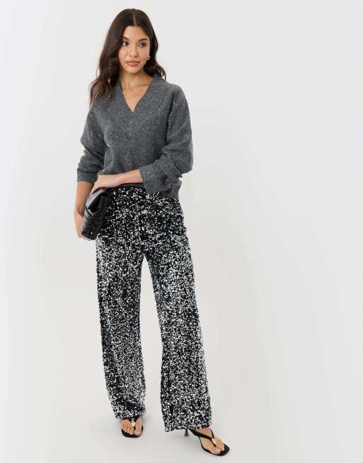 Threadbare Sequin wide leg trousers in charcoal grey, 5 of 5