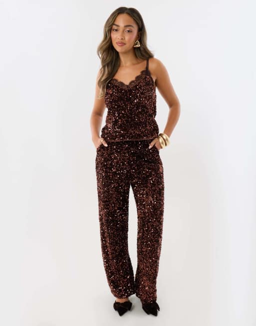 Threadbare Sequin wide leg trousers in chocolate brown, 2 of 5
