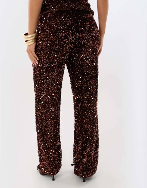 Threadbare Sequin wide leg trousers in chocolate brown, 3 of 5