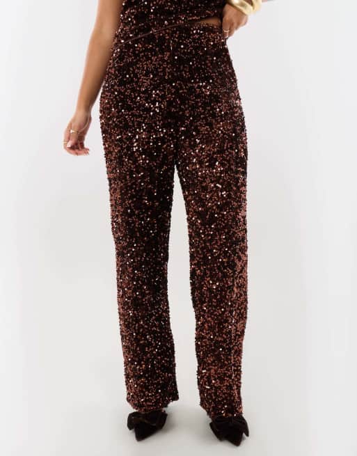 Threadbare Sequin wide leg trousers in chocolate brown, 4 of 5