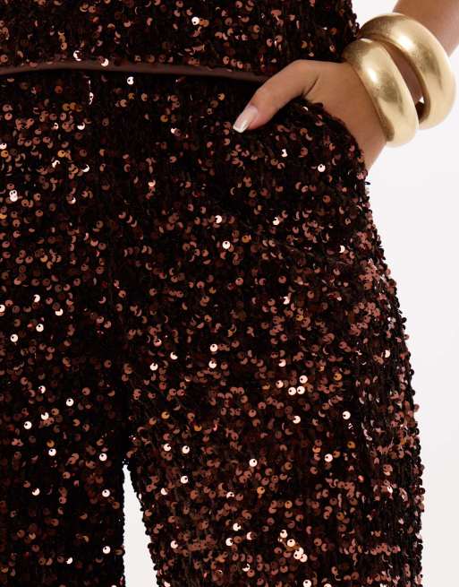 Threadbare Sequin wide leg trousers in chocolate brown, 5 of 5