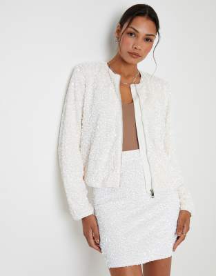 Threadbare Sequin Zip Up Bomber Jacket In White