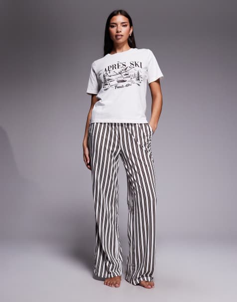 Threadbare - Set met pyjamatop met korte mouwen en Apres Ski-print en gestreepte pyjamabroek in ecru en bruin - view 1