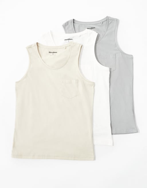 Threadbare - Set van 3 hemdjes met zak in grijs, stone en gebroken wit