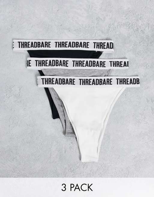 Threadbare - Set van 3 tangaslips met logo in wit / grijs / zwart