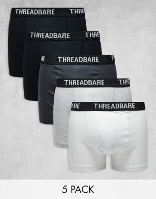Threadbare - Set van 5 boxershorts in zwart, grijs en wit
