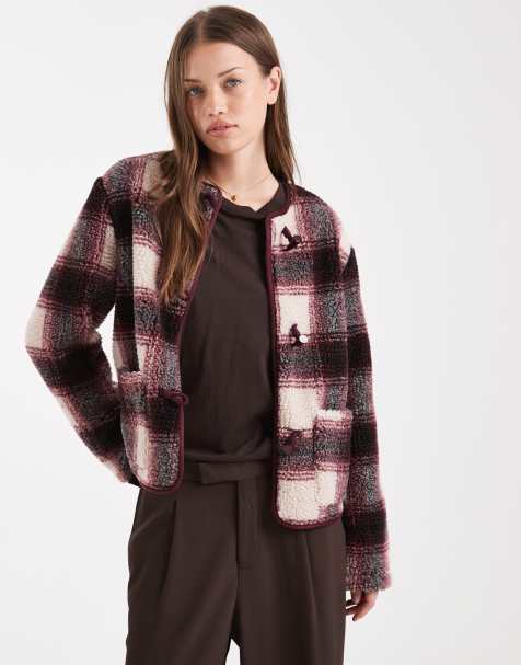 Threadbare shacket with toggle front in burgundy check print