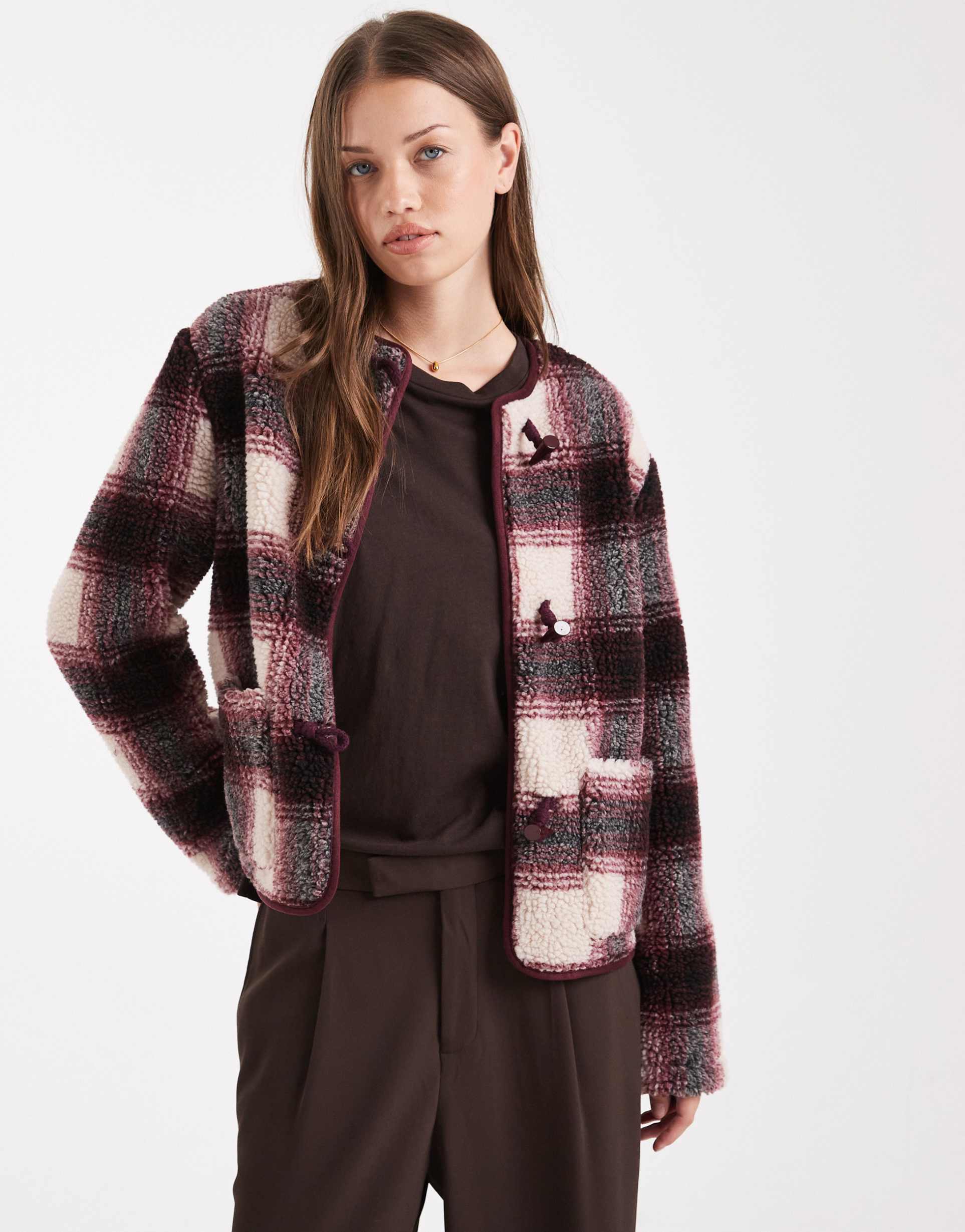 threadbare shacket with toggle front in burgundy plaid print