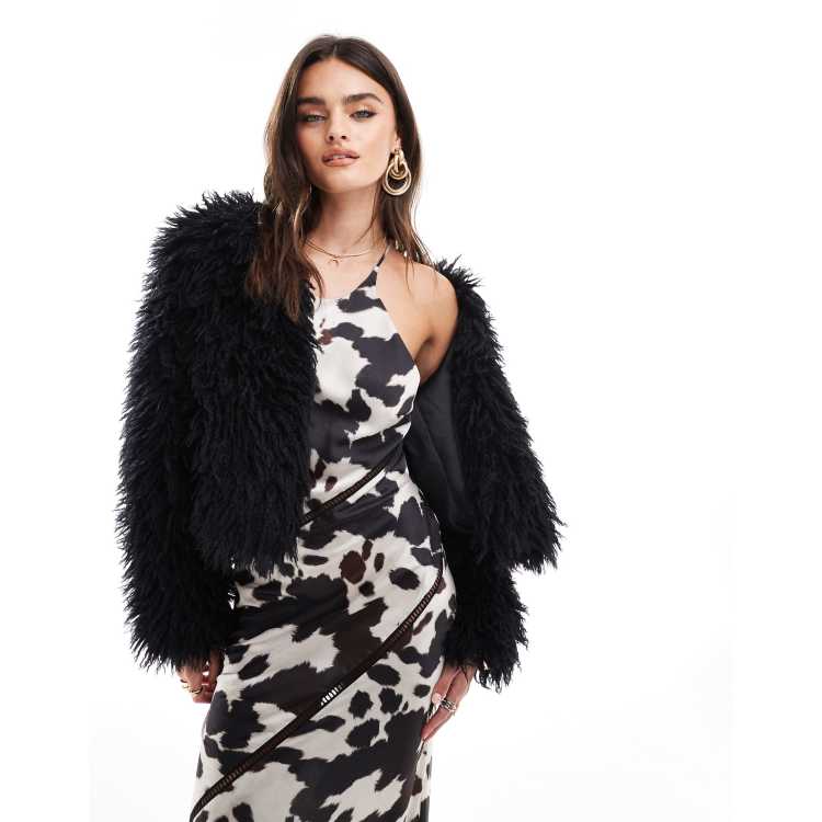 Threadbare shaggy fur jacket in black | ASOS