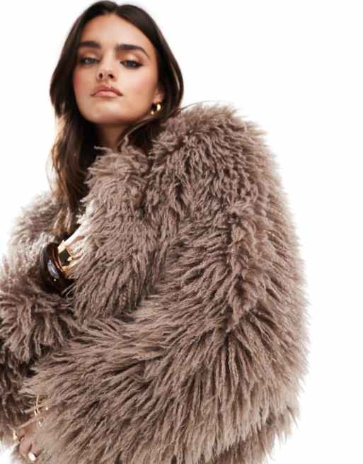 Threadbare shaggy fur jacket in brown ASOS