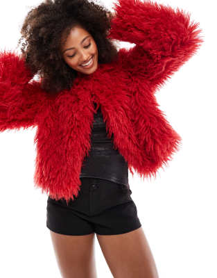 Red shaggy jacket deals