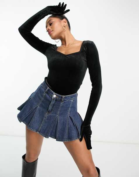 Threadbare Shannon velour sweetheart neck bodysuit with gloves in black - view 1