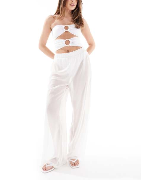 Threadbare sheer wide leg beach trousers with side split in white - view 1