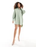 [Threadbare] Threadbare Sheila mini shirt dress in sage green 8 GREEN