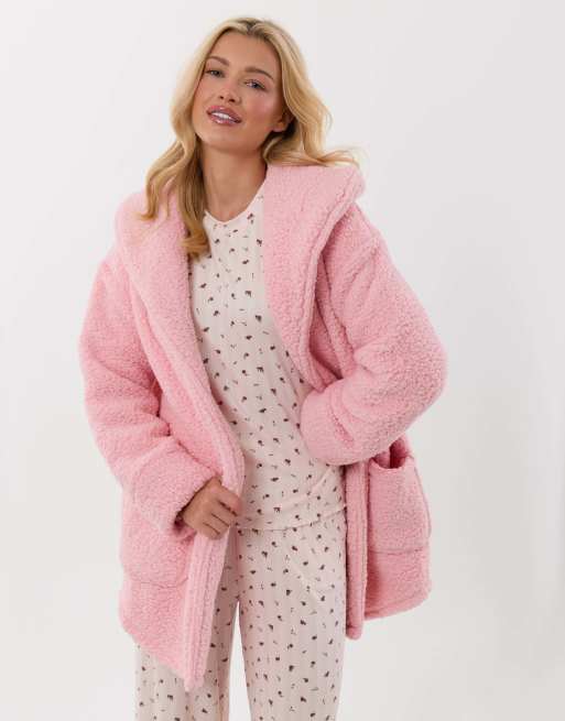 Threadbare Sherpa fleece open dressing gown in pink in pink, 2 of 5