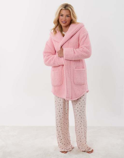 Threadbare Sherpa fleece open dressing gown in pink in pink, 3 of 5