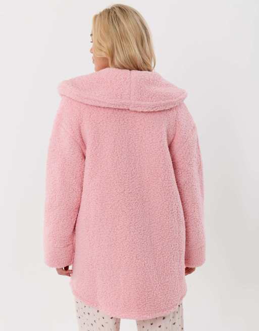 Threadbare Sherpa fleece open dressing gown in pink in pink, 4 of 5