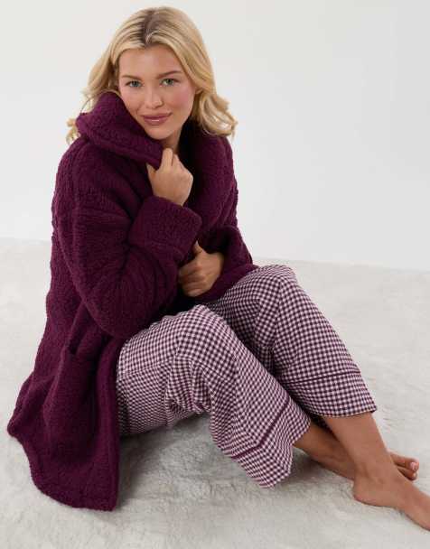 Threadbare Sherpa fleece open dressing gown in plum in plum - view 1