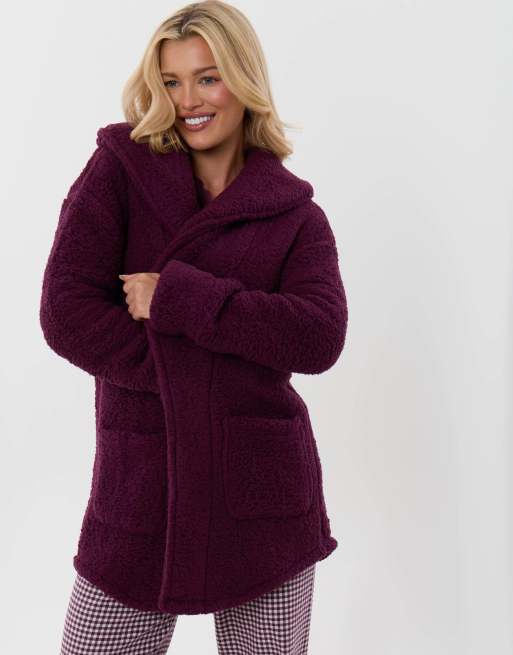 Threadbare Sherpa fleece open dressing gown in plum in plum, 2 of 5