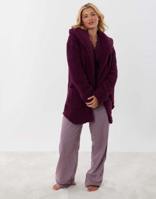 Threadbare Sherpa fleece open dressing gown in plum in plum, 3 of 5
