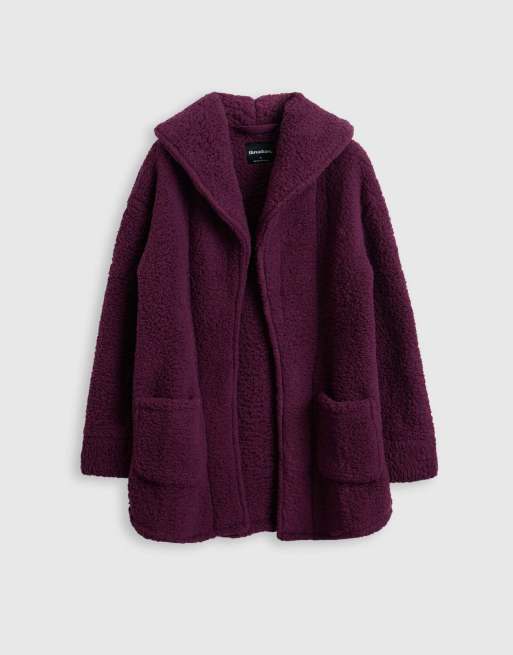 Threadbare Sherpa fleece open dressing gown in plum in plum, 5 of 5